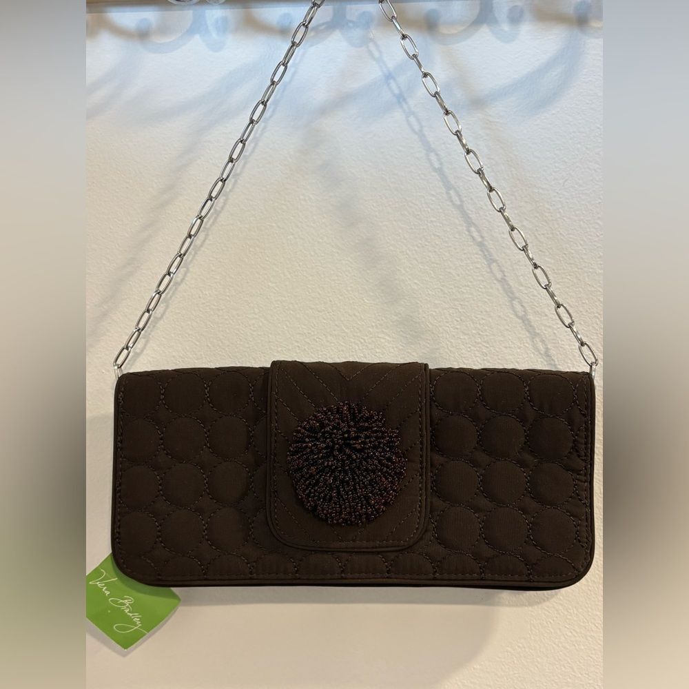 Vera Bradley Brown Espresso Beaded Pom Pom Quilted Clutch with Silver Chain